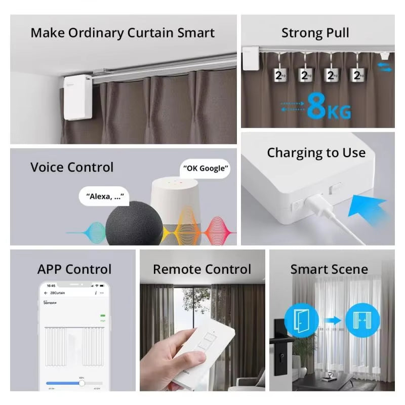 SONOFF Zbcurtain Zigbee Smart Curtain Motor Type C Electric Curtain Motors Ewelink App Remote Control Smart Home Solar Panel